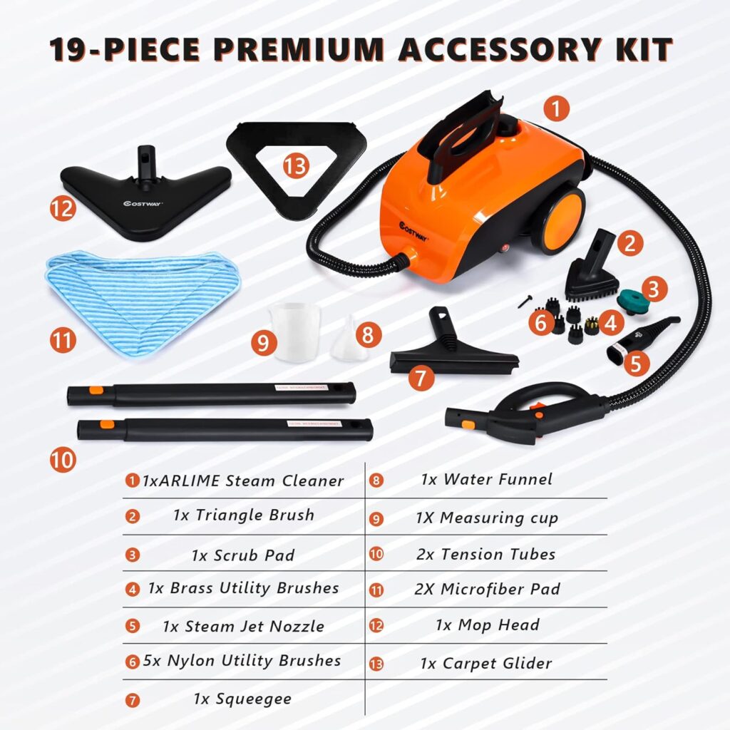 ARLIME Multi-Purpose Steam Cleaner with 19 Accessories, Household Rolling Steamer Cleaning Mop for Carpet, Cars, Floors W/ 1.5L Tank  Extra-Long Power Cord