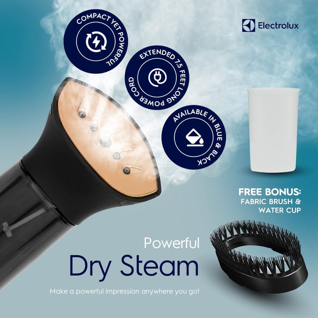 Electrolux Compact Handheld Travel Garment and Fabric Steamer for Clothes Powerful Dry Steam, Rapid Heating Portable 2 in 1 Fabric Wrinkle Remover and Clothing Iron, with Fabric Brush, Blue