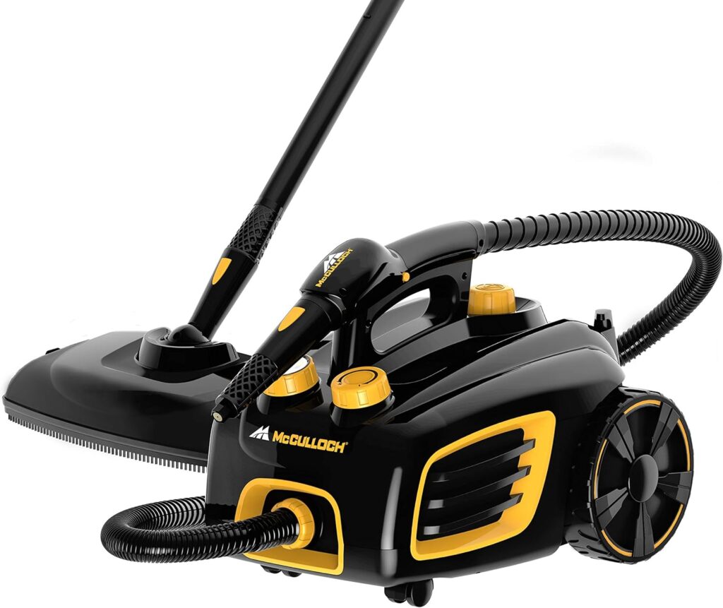 McCulloch MC1275 Heavy-Duty Steam Cleaner with 18 Accessories, Extra-Long Power Cord, Chemical-Free Pressurized Cleaning for Most Floors, Counters, Appliances, Windows, Autos, and More, Yellow/Grey